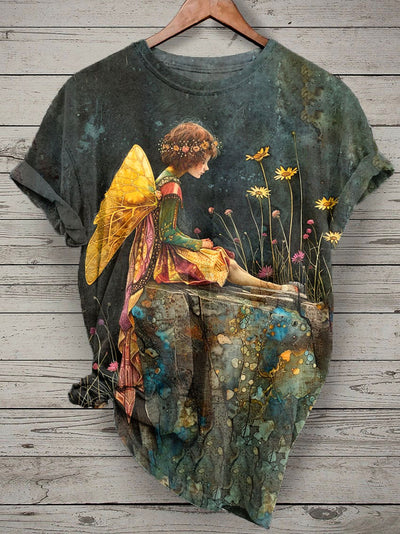 Women's Butterfly Art Illustration Printed Casual Cotton Short Sleeve T-Shirt