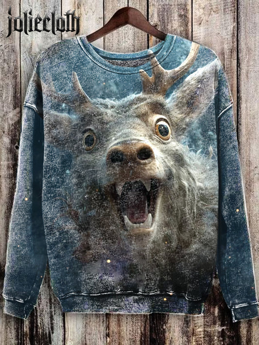 Unisex Funny Christmas Deer Illustration Printed Casual Long Sleeve Sweatshirt