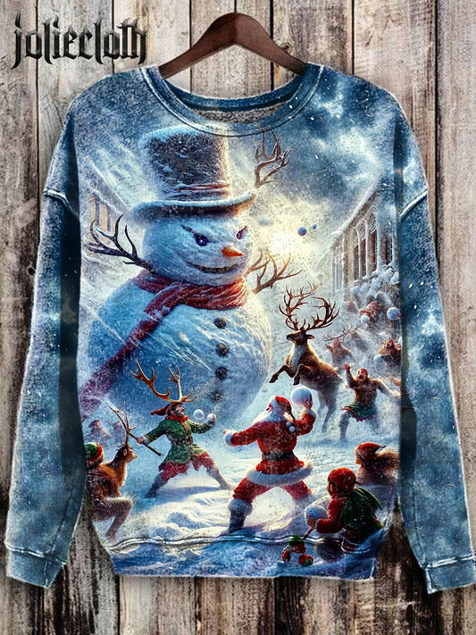 Unisex Christmas Snowman Wars Illustration Printed Casual Long Sleeve Sweatshirt