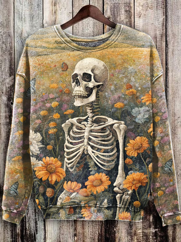 Unisex Skull Flower Illustration Print Casual Long Sleeve Sweatshirt