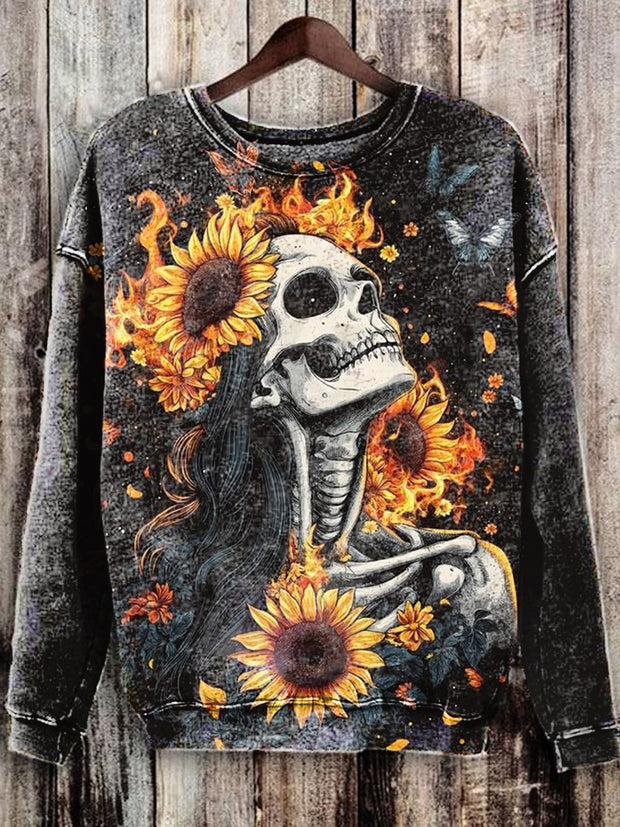 Unisex Skull Flower Illustration Print Casual Long Sleeve Sweatshirt