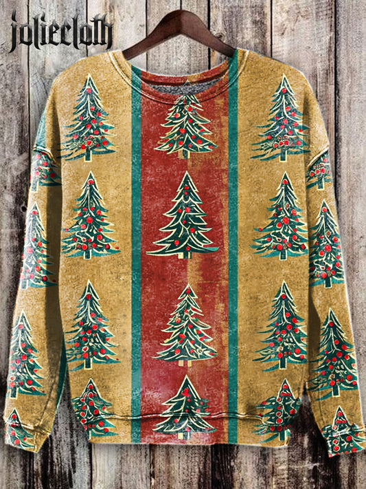 Unisex Christmas Tree Art Illustration Printed Casual Long Sleeve Sweatshirt