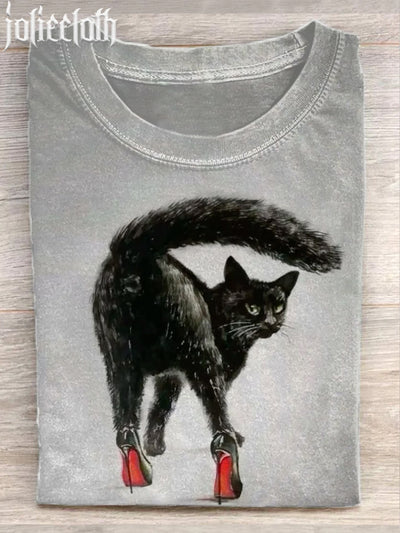 Unisex Funny Cat Illustration Printed Casual Cotton Short Sleeve T-Shirt