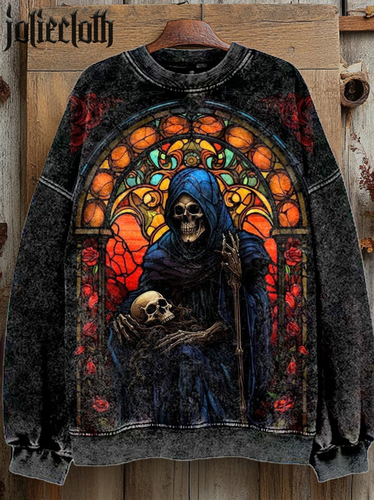 Unisex Stained Glass Skull Art Illustration Printed Casual Crewneck Sweatshirt
