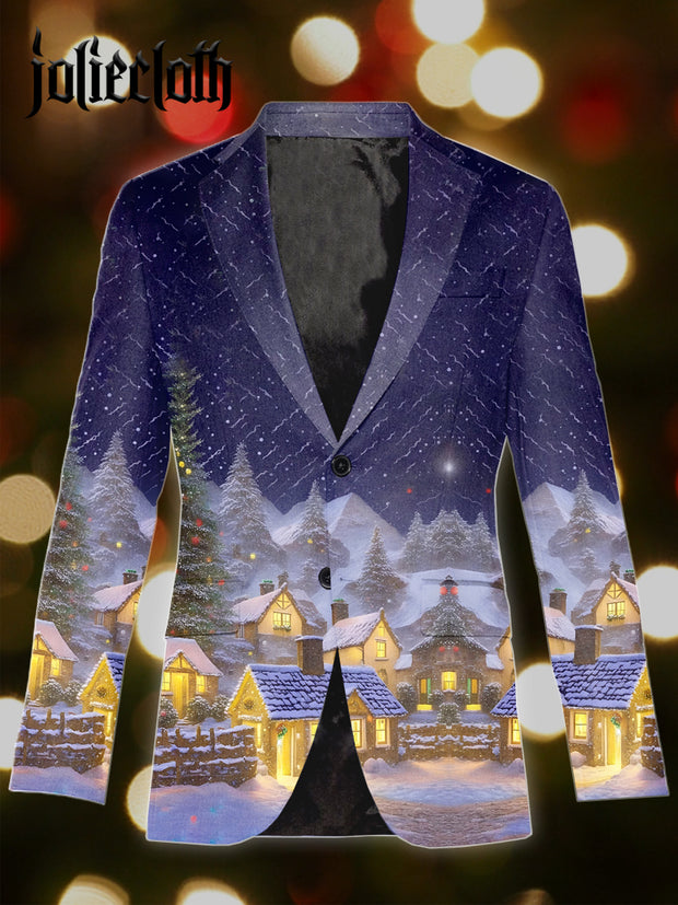 Men's Christmas Winter Snow Art Illustration Printed Casual Suit Jacket