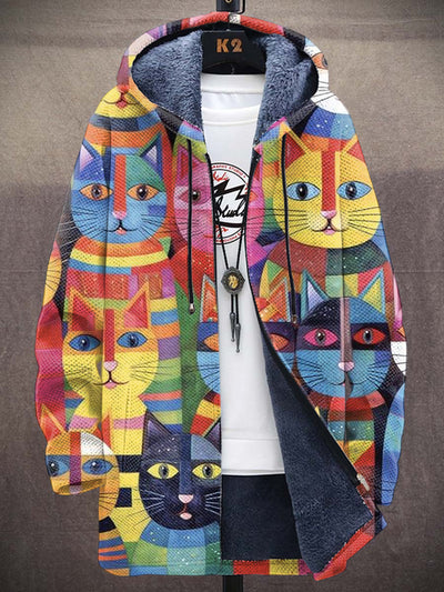 Colorful Cat Art Illustration Printed Casual Thickened Long Sleeve Jacket