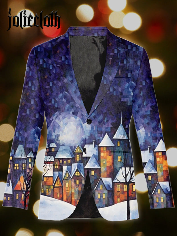 Men's Christmas Winter Snow Art Illustration Printed Casual Suit Jacket