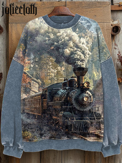 Retro Train Art Illustration Print Casual Long Sleeve Crewneck Sweatshirt