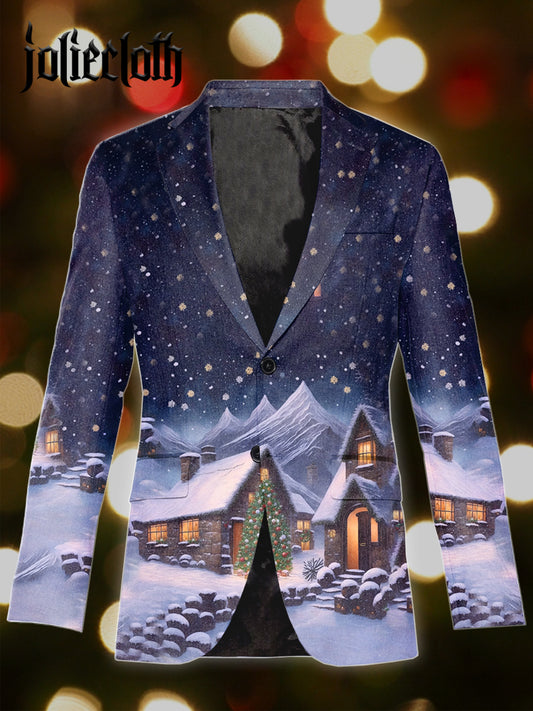 Men's Christmas Winter Snow Art Illustration Printed Casual Suit Jacket