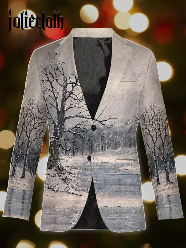 Men's Winter Snow Art Illustration Printed Casual Suit Jacket