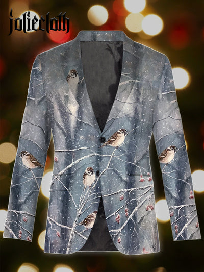 Men's Winter Bird Art Illustration Printed Casual Suit Jacket