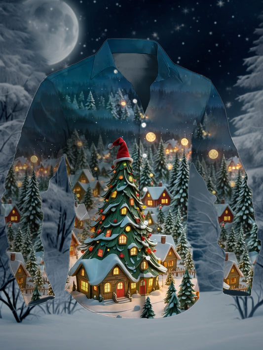 Men's Christmas Tree Art Illustration Printed Casual Long Sleeve Shirt
