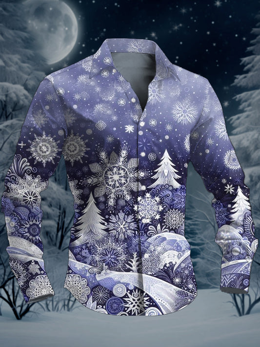Men's Christmas Castle Art Illustration Printed Casual Long Sleeve Shirt
