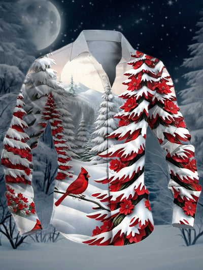 Men's Christmas Tree Art Illustration Printed Casual Long Sleeve Shirt