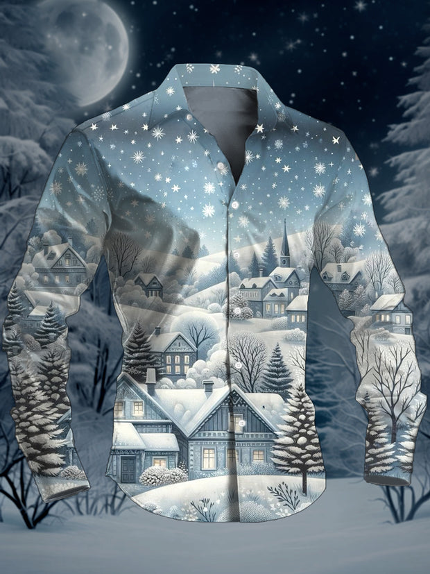 Men's Christmas Castle Art Illustration Printed Casual Long Sleeve Shirt