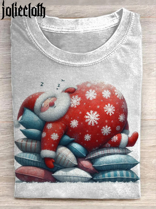 Unisex Funny Santa Claus Illustration Printed Casual Cotton Short Sleeve T-Shirt