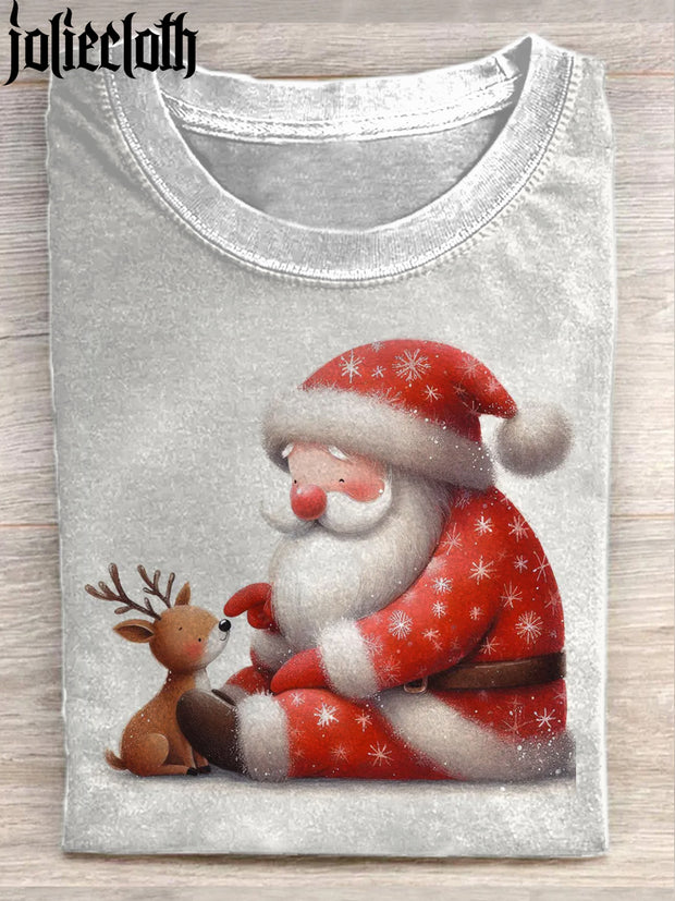 Unisex Funny Santa Claus Illustration Printed Casual Cotton Short Sleeve T-Shirt