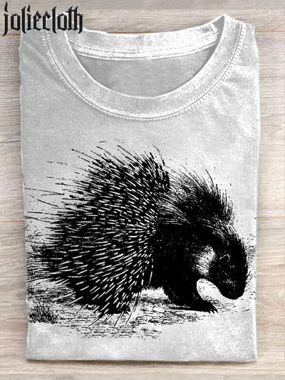 Unisex Fierce Hedgehog Art Illustration Printed Casual Cotton Short Sleeve T-shirt