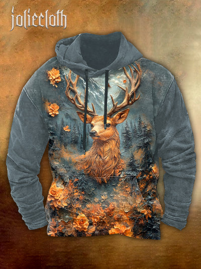 Men's Elk Art Illustration Printed Casual Long Sleeve Hooded Sweatshirt