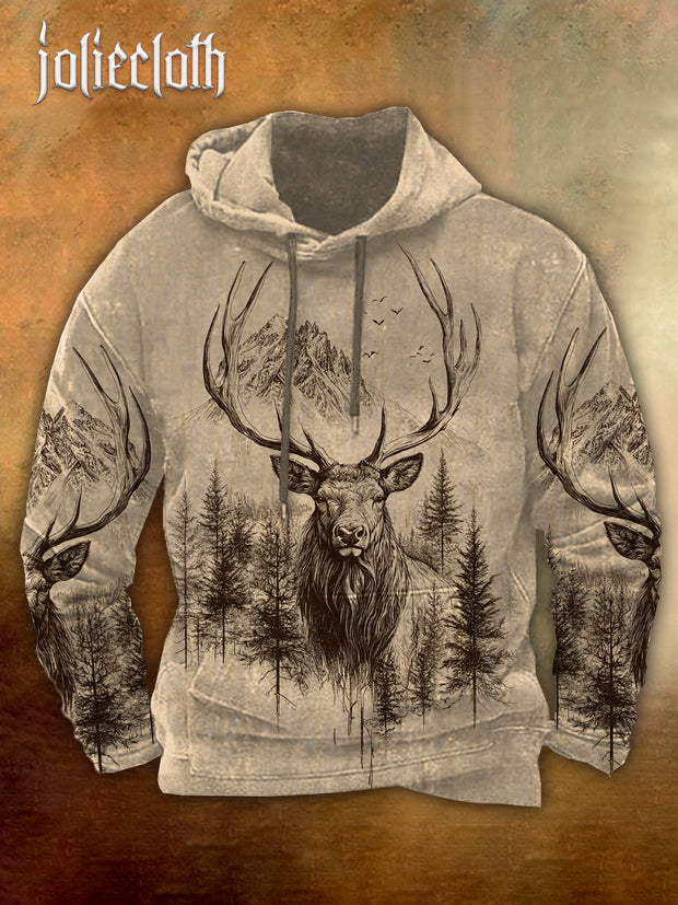 Men's Elk Art Illustration Printed Casual Long Sleeve Hooded Sweatshirt