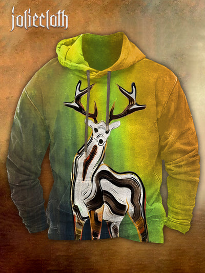 Men's Elk Art Illustration Printed Casual Long Sleeve Hooded Sweatshirt