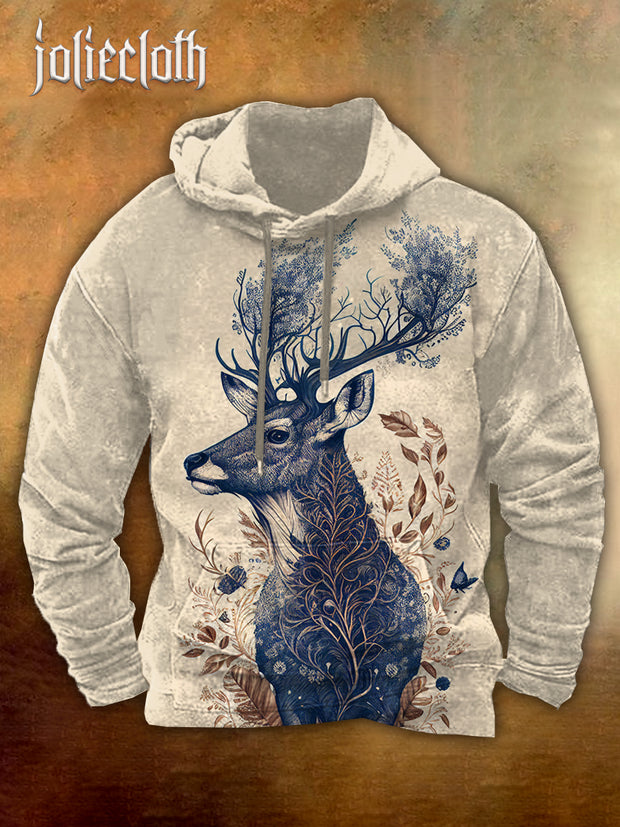 Men's Elk Art Illustration Printed Casual Long Sleeve Hooded Sweatshirt