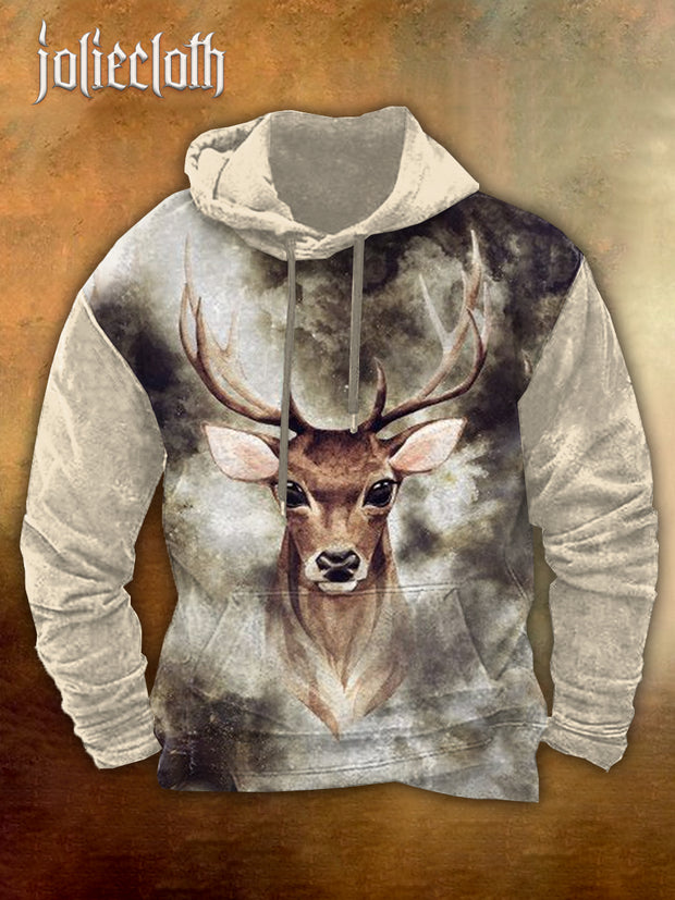 Men's Elk Art Illustration Printed Casual Long Sleeve Hooded Sweatshirt