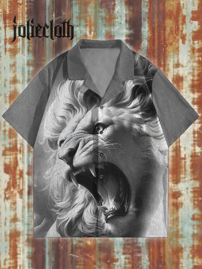 Roman Lion Art Pattern Illustration Casual Short Sleeve Shirt