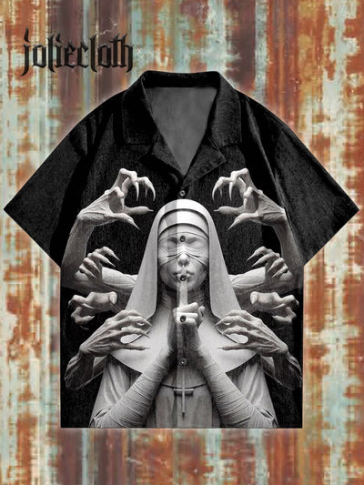 Dark Gothic Nun Art Pattern Illustration Casual Short Sleeve Shirt