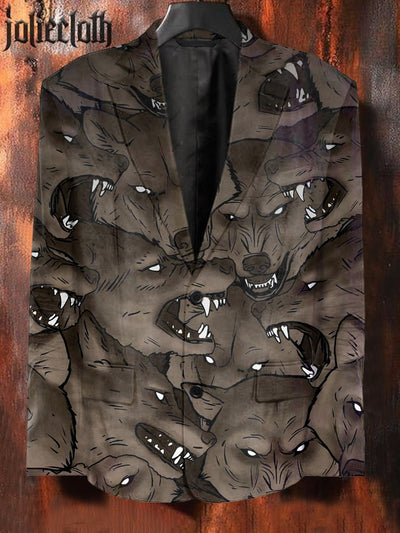 Mens Fierce Wolf Art Illustration Print Casual Blazer