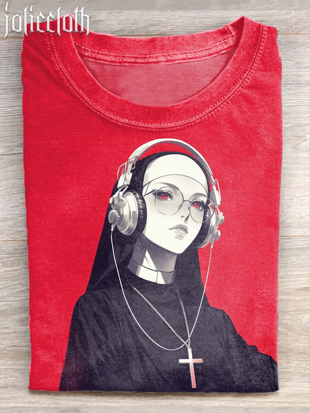 Unisex Listening To Songs Nun Art Illustration Printed Casual Cotton Short Sleeve T-shirt