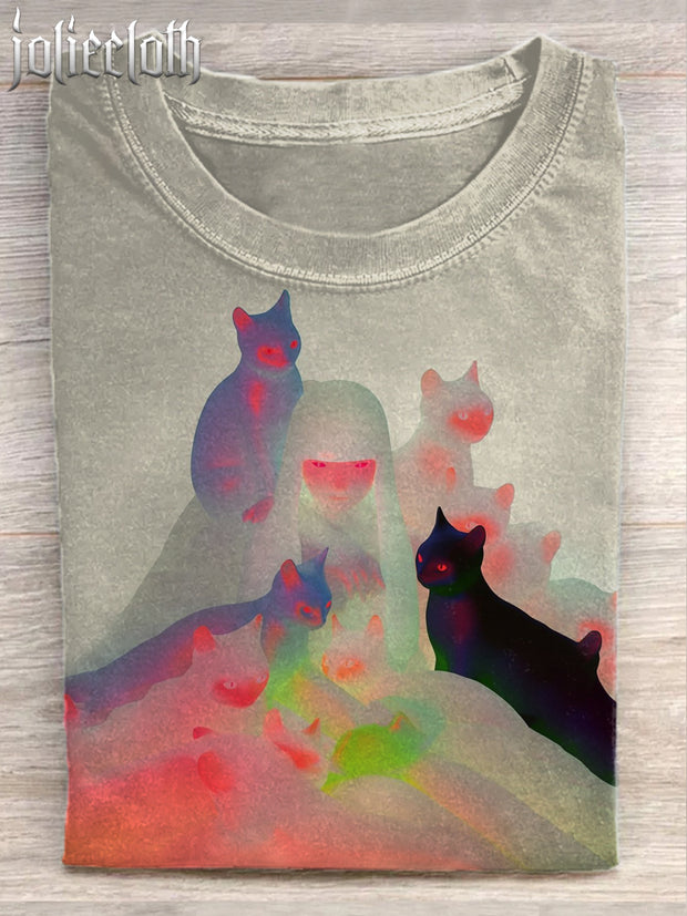 Unisex Fantasy Cat Art Illustration Printed Casual Cotton Short Sleeve T-Shirt