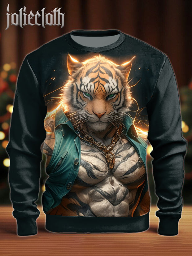 Unisex Funny Tiger Illustration Printed Casual Long Sleeve Sweatshirt