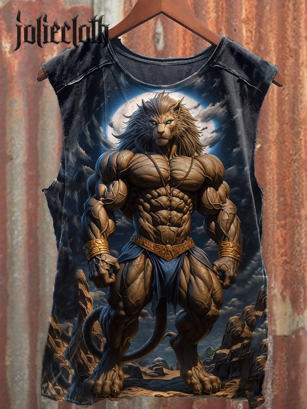 Unisex Fierce Lion Illustration Printed Casual Cotton Tank Top