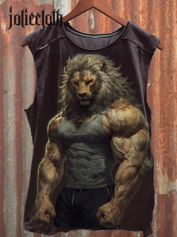 Unisex Fierce Lion Illustration Printed Casual Cotton Tank Top