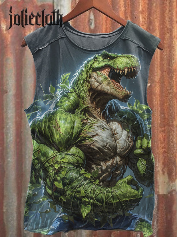 Unisex Ferocious Green Dinosaur Illustration Printed Casual Cotton Tank Top