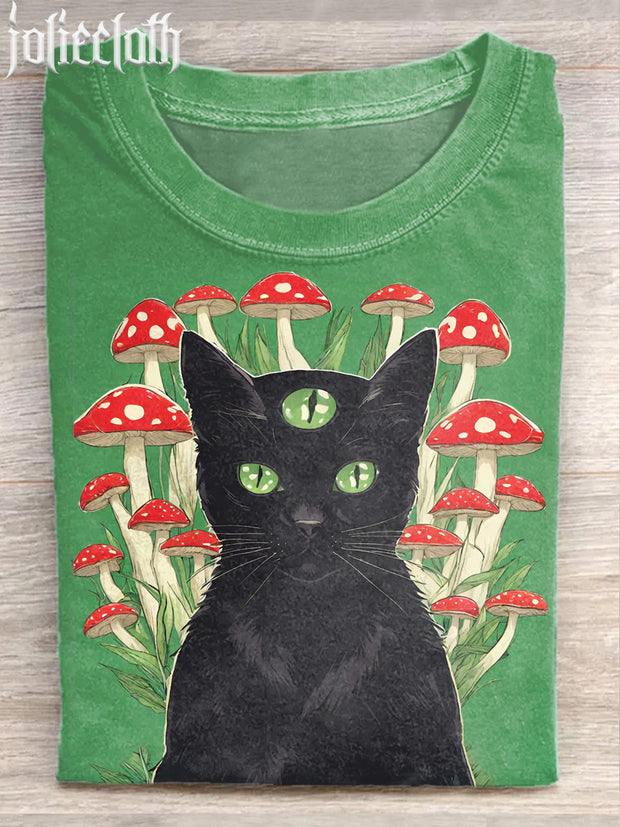 Unisex Fantasy Multi-Eyed Cat Art Illustration Print Casual Cotton Short Sleeve T-Shirt