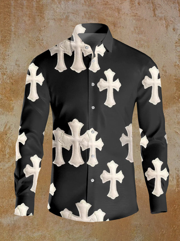 Men's Cross Illustration Printed Casual Long Sleeve Shirt