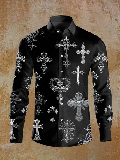 Men's Cross Illustration Printed Casual Long Sleeve Shirt