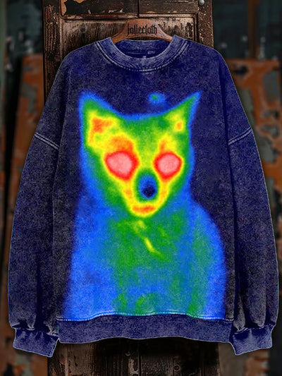 Unisex Abstract Cat Art Illustration Printed Casual Long Sleeve Sweatshirt