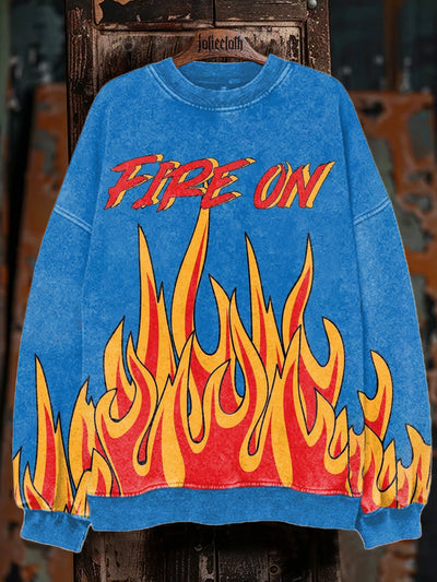 Unisex Retro Flame Art Illustration Print Long Sleeve Sweatshirt