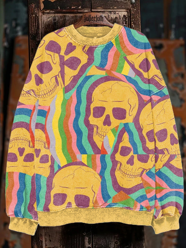 Unisex Colorful Skull Art Illustration Print Long Sleeve Sweatshirt