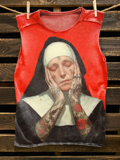 Unisex Gothic Nun Illustration Printed Casual Cotton Tank Top