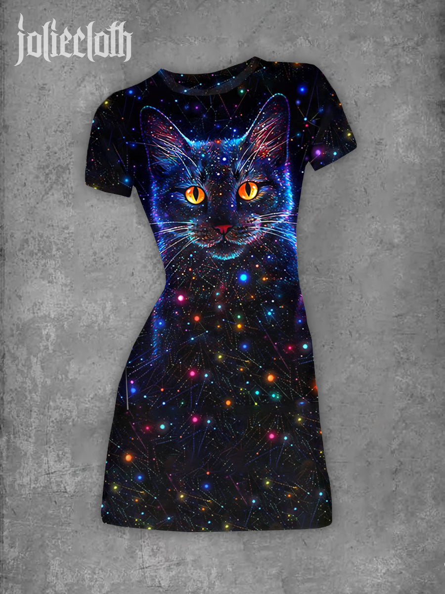 Unisex Fantasy Starry Sky Cat Art Illustration Printed Casual T-Shirt