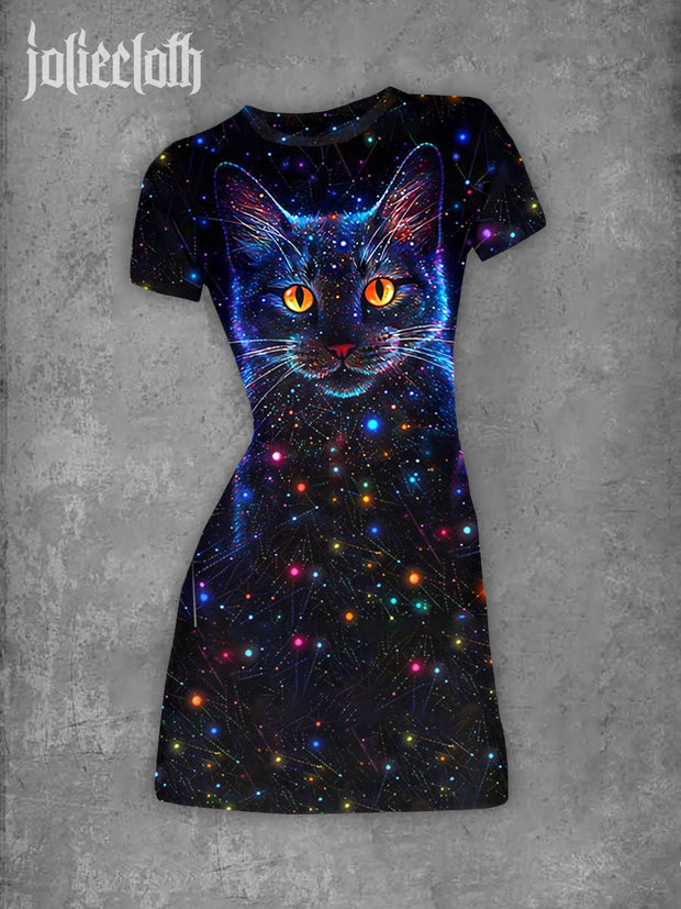 Women's Starry Cat Illustration Printed Casual Bodycon Dress