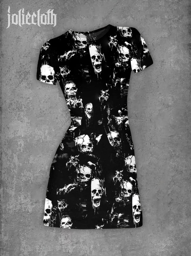 Women's Retro Skull Illustration Printed Casual Bodycon Dress