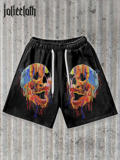 Men's Retro Embroidered Skull Illustration Printed Casual Sports Shorts