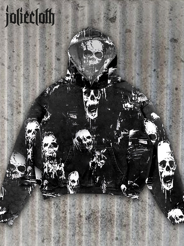 Unisex Retro Graffiti Skull Illustration Print Hoodie