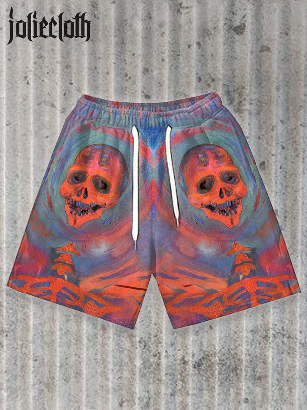 Men's Retro Skull Graffiti Illustration Printed Casual Sports Shorts