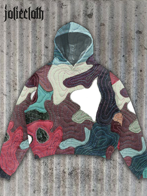 Unisex Retro Patchwork Illustration Print Hoodie